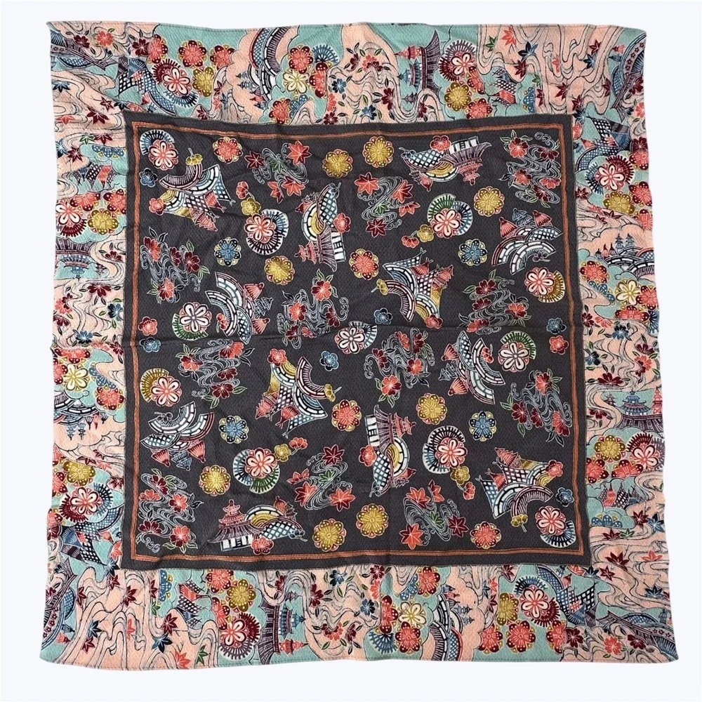 Ryukyu Bingata Japanese Square Scarf Silk Rayon Black Pink‎ Floral Spring 27x27
